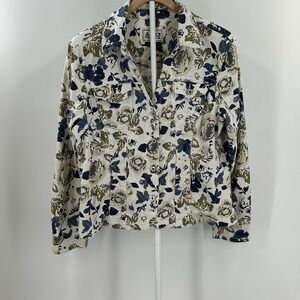 Womens XL Cropped Floral Jacket Cotton Blue Olive Cottagecore Lightweight Button